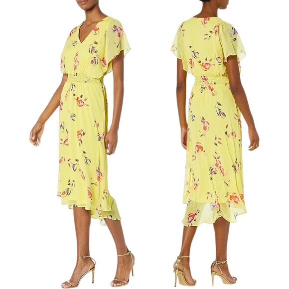 DKNY Shirred Floral Print Crepon Midi Dress Womens 14 Yellow Flutter Sleeve Chic - Picture 2 of 13